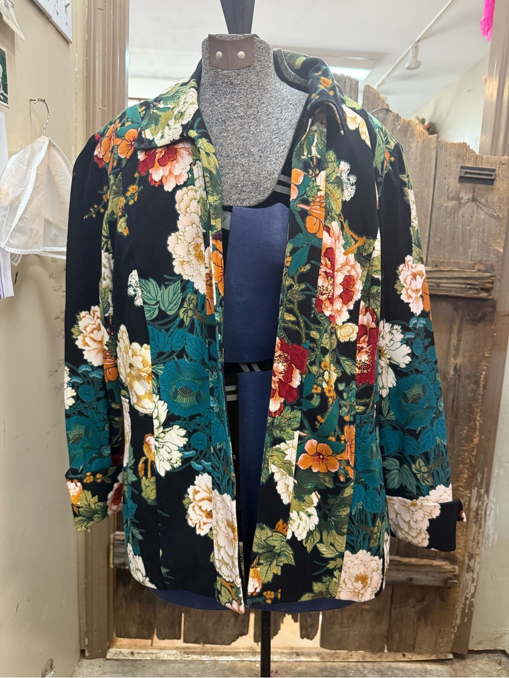 Chico's Black Floral Velvet Blazer with Teal, Cream & Orange Accents